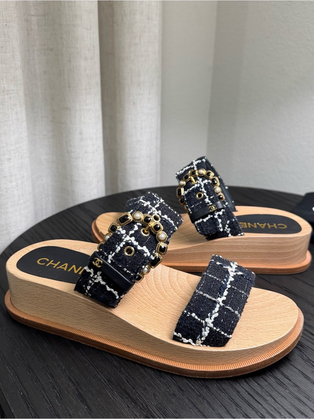 Chanel CC Buckle Tweed Slide Sandals Wood Mismatch 35/36